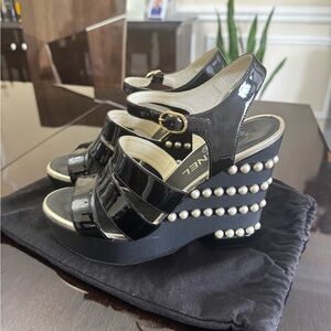 CHANEL Black Platform Sandals with Pearl Details